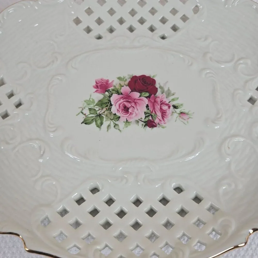Vintage Formalities By Baum Bros Porcelain Reticulated Plate Pink Red Roses Gold
